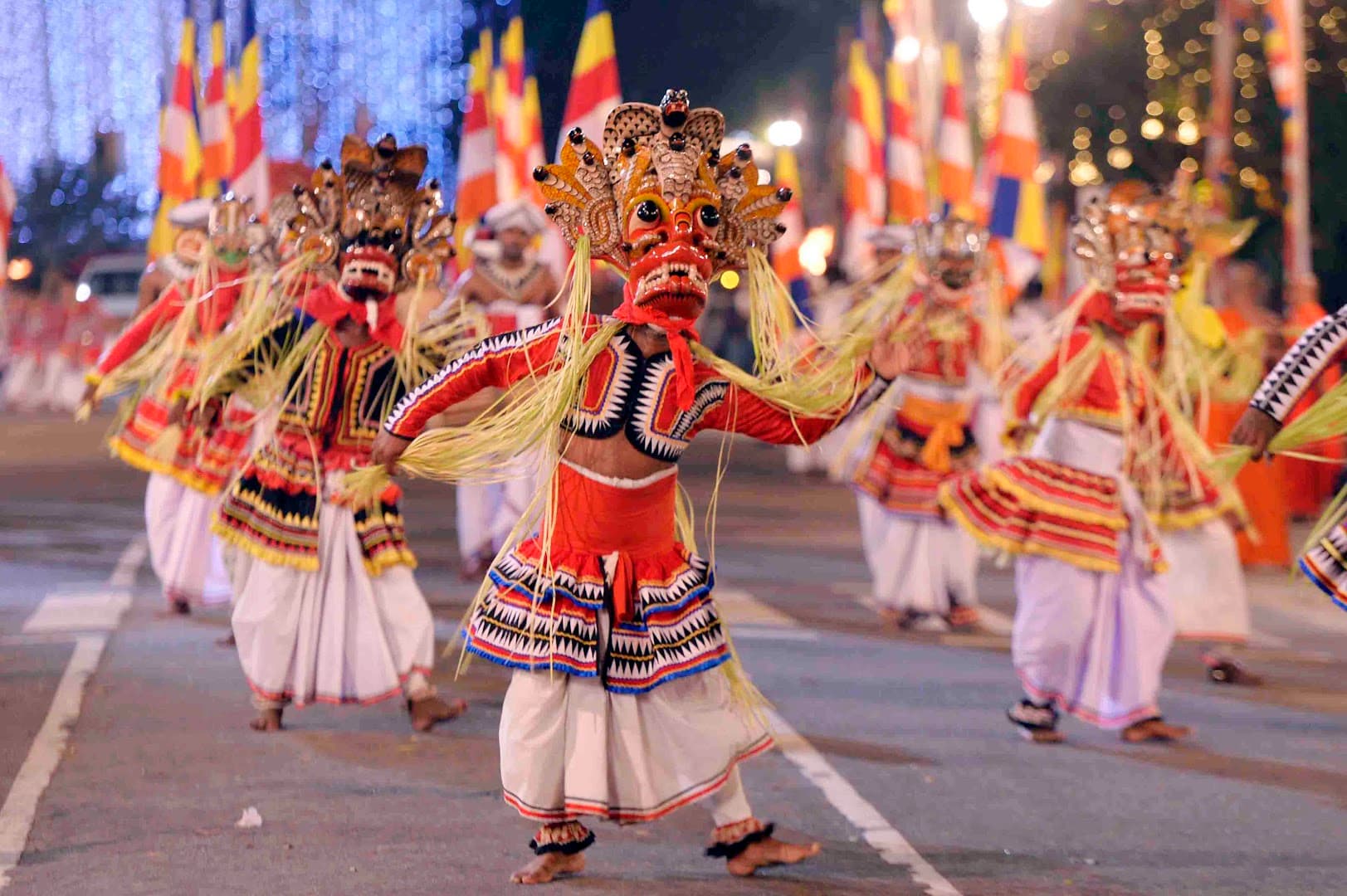 Navam Perahera procession with decorated elephants